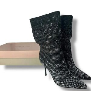 Thalia Sodi Raquell Black Rhinestone Slouch Boots Pointed Toe Stiletto Size 6